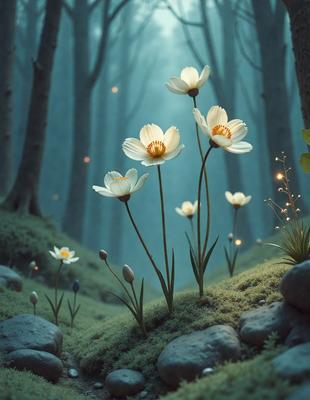 The primary subject of the image is a group of white flowers, which are the main objects in the scene. The flowers are situated in a forest setting, surrounded by trees and rocks. The visual style of the image is digital art, as it appears to be a painting or drawing of the flowers in a forest. The colors and mood of the image are predominantly white and serene, with the flowers and the forest creating a peaceful and natural atmosphere.